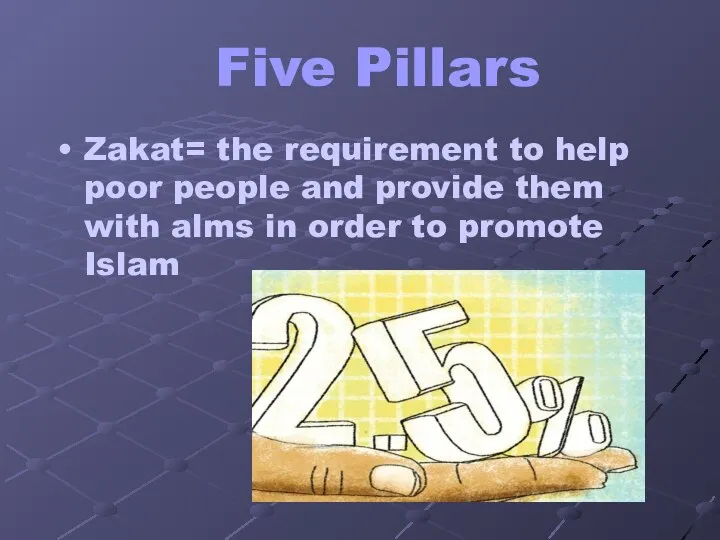 Five Pillars Zakat= the requirement to help poor people and provide