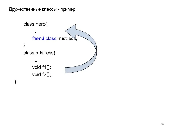 class hero{ ... friend class mistress; } class mistress{ ... void