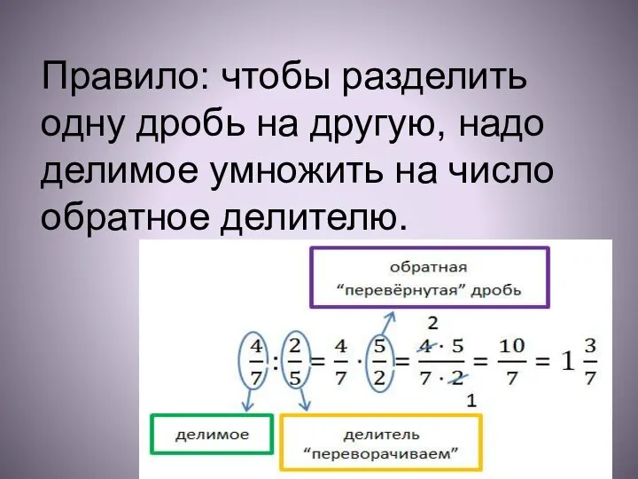 Правило: чтобы разделить одну дробь на другую, надо делимое умножить на число обратное делителю.