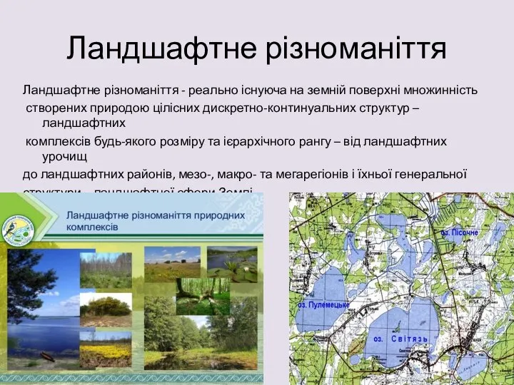 Ландшафтне різноманіття Ландшафтне різноманіття - реально існуюча на земній поверхні множинність