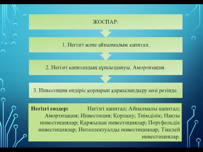 Негізгі сөздер: Негізгі капитал; Айналмалы капитал; Амортизация; Инвестиция; Қорлану; Тиімділік; Нақты