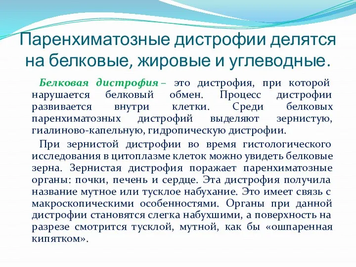 Паренхиматозные дистрофии делятся на белковые, жировые и углеводные. Белковая дистрофия –