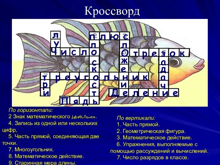 Кроссворд По горизонтали: 2 Знак математического действия. 4. Запись из одной