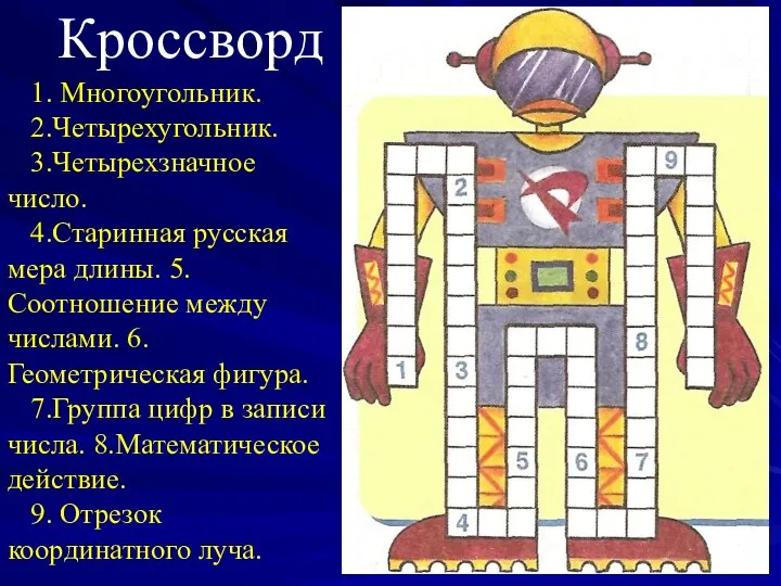 Кроссворд 1. Многоугольник. 2.Четырехугольник. 3.Четырехзначное число. 4.Старинная русская мера длины. 5.Соотношение