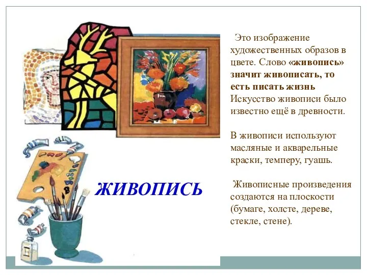 ЖИВОПИСЬ Это изображение художественных образов в цвете. Слово «живопись» значит живописать,