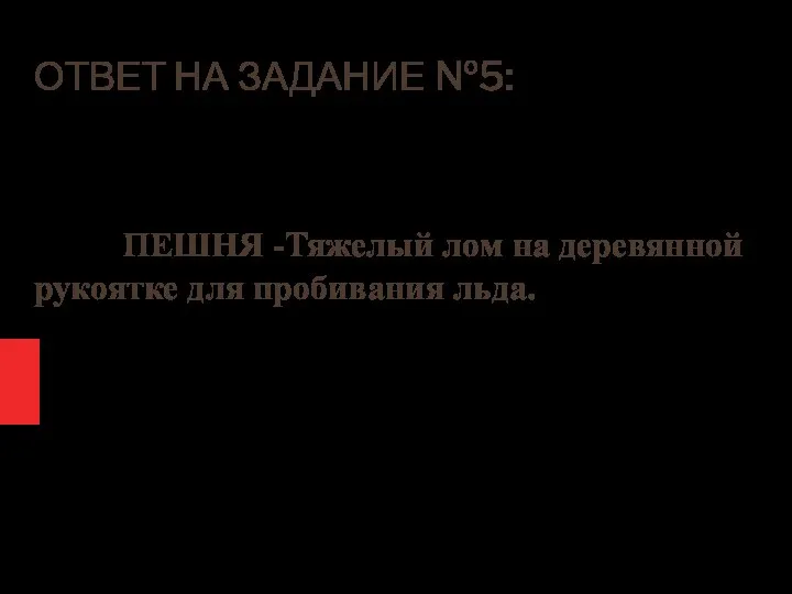 ОТВЕТ НА ЗАДАНИЕ №5: ПЕШНЯ -Тяжелый лом на деревянной рукоятке для пробивания льда.