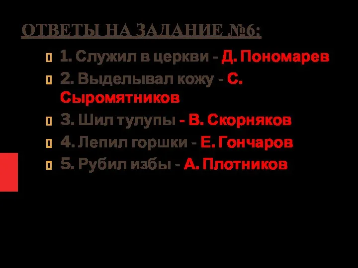 ОТВЕТЫ НА ЗАДАНИЕ №6: 1. Служил в церкви - Д. Пономарев