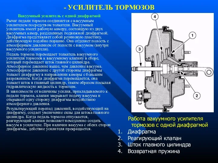 - УСИЛИТЕЛЬ ТОРМОЗОВ Вакуумный усилитель с одной диафрагмой Рычаг педали тормоза