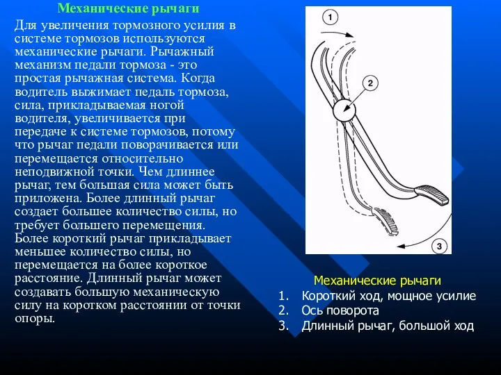 Механические рычаги Для увеличения тормозного усилия в системе тормозов используются механические