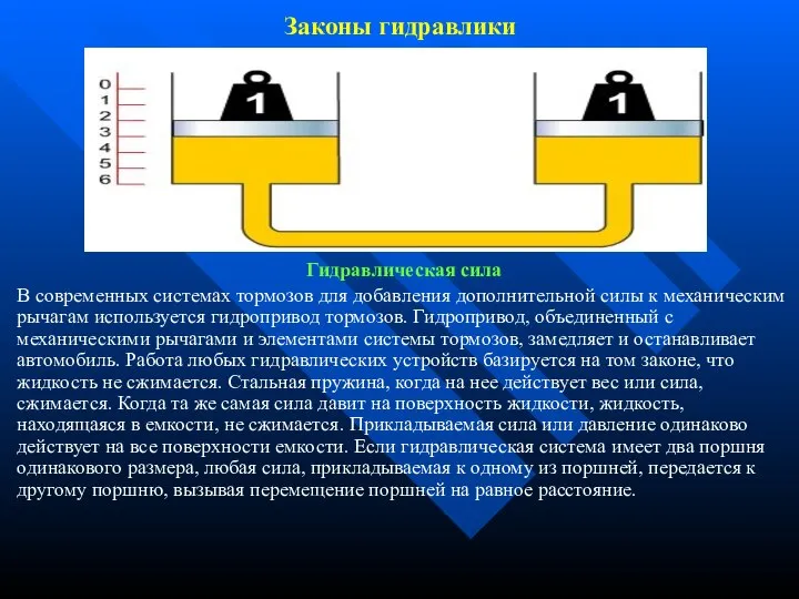 Законы гидравлики Гидравлическая сила В современных системах тормозов для добавления дополнительной