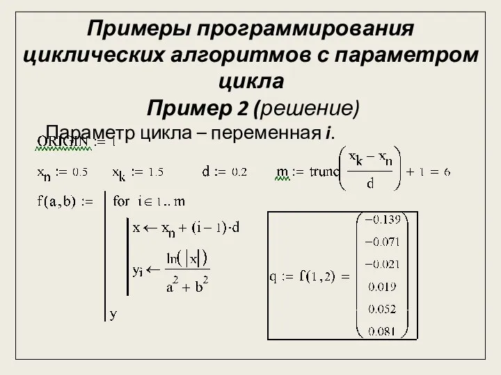 Примеры программирования циклических алгоритмов с параметром цикла Пример 2 (решение) Параметр цикла – переменная i.