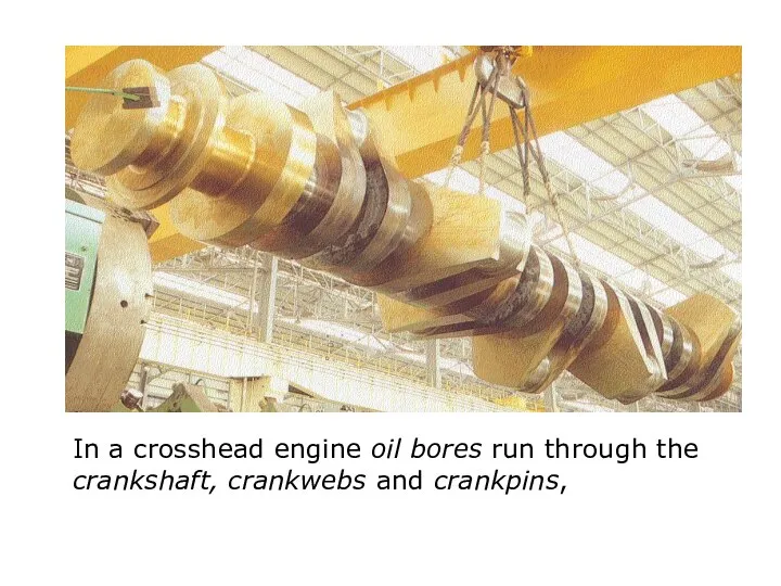 In a crosshead engine oil bores run through the crankshaft, crankwebs and crankpins,