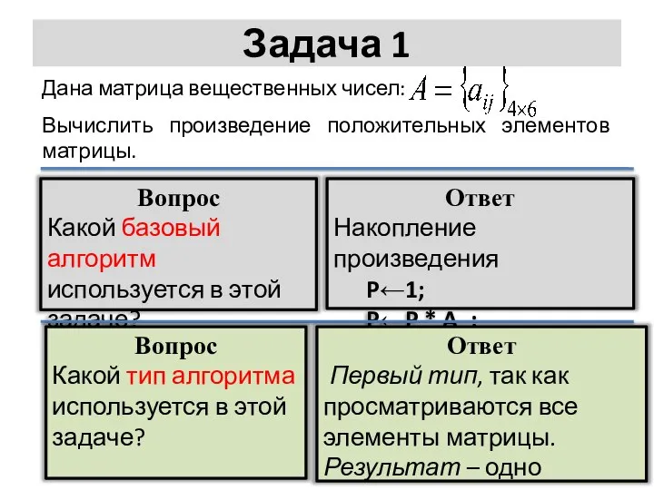 Задача 1 Дана матрица вещественных чисел: Вычислить произведение положительных элементов матрицы.