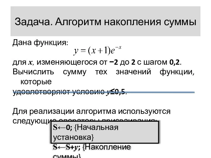 Задача. Алгоритм накопления суммы Дана функция: для x, изменяющегося от −2