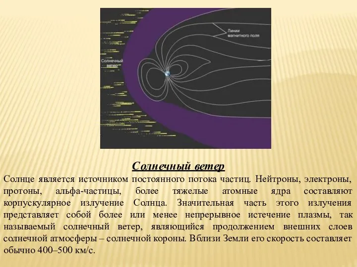 Солнечный ветер Солнце является источником постоянного потока частиц. Нейтроны, электроны, протоны,