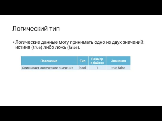 Логический тип Логические данные могу принимать одно из двух значений: истина (true) либо ложь (false).