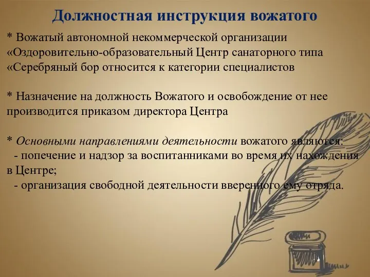 Должностная инструкция вожатого * Вожатый автономной некоммерческой организации «Оздоровительно-образовательный Центр санаторного