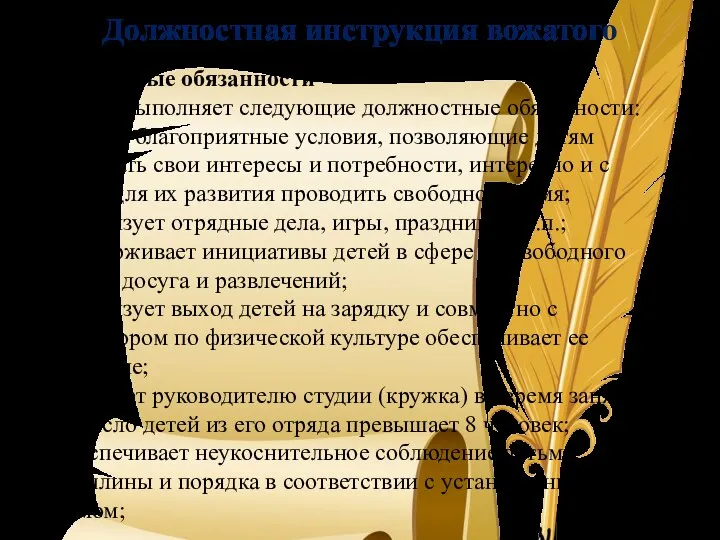 Должностная инструкция вожатого Должностные обязанности Вожатый выполняет следующие должностные обязанности: -