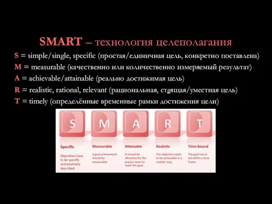 SMART – технология целеполагания S = simple/single, specific (простая/единичная цель, конкретно
