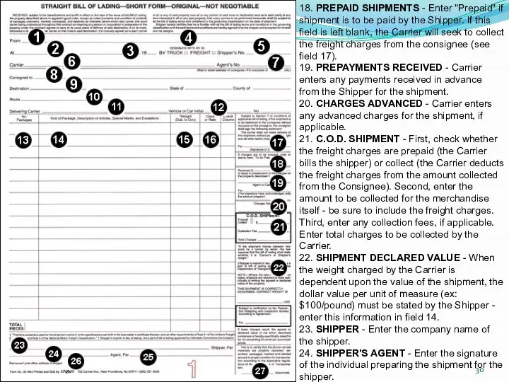 18. PREPAID SHIPMENTS - Enter "Prepaid" if shipment is to be