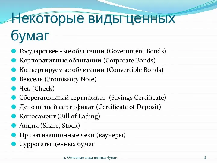 Некоторые виды ценных бумаг Государственные облигации (Government Bonds) Корпоративные облигации (Corporate