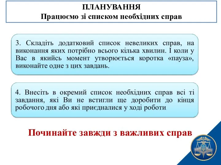 ПЛАНУВАННЯ Працюємо зі списком необхідних справ Починайте завжди з важливих справ