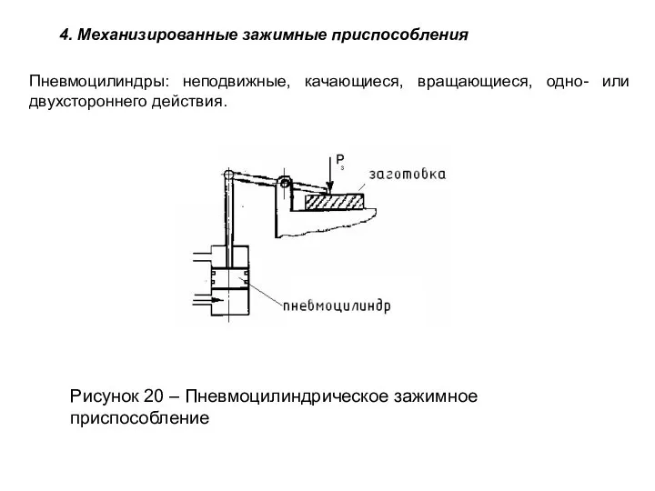 Пневмоцилиндры: неподвижные, качающиеся, вращающиеся, одно- или двухстороннего действия. 4. Механизированные зажимные