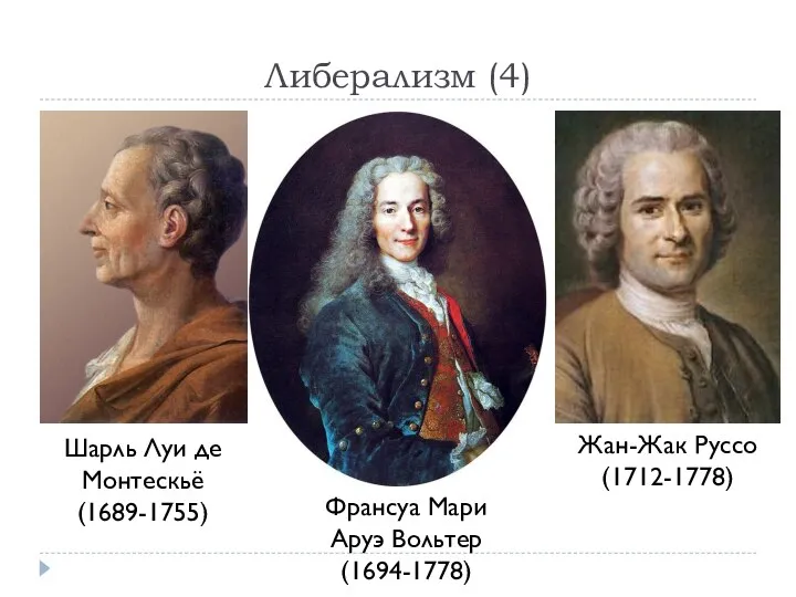 Либерализм (4) Шарль Луи де Монтескьё (1689-1755) Жан-Жак Руссо (1712-1778) Франсуа Мари Аруэ Вольтер (1694-1778)