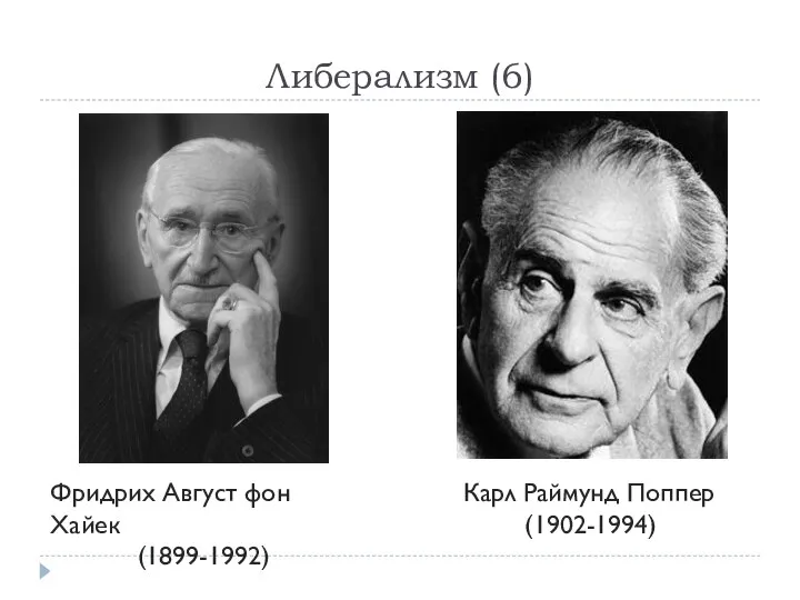 Либерализм (6) Фридрих Август фон Хайек (1899-1992) Карл Раймунд Поппер (1902-1994)