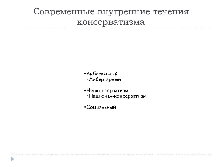 Современные внутренние течения консерватизма Либеральный Либертарный Неоконсерватизм Национал-консерватизм Социальный