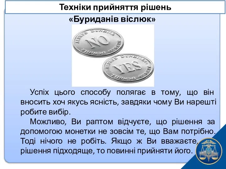 «Буриданів віслюк» Успіх цього способу полягає в тому, що він вносить