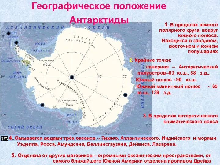Географическое положение Антарктиды 1. В пределах южного полярного круга, вокруг южного