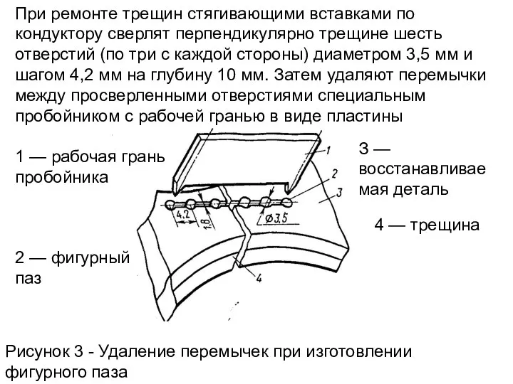 При ремонте трещин стягивающими вставками по кондуктору сверлят перпендикулярно трещине шесть