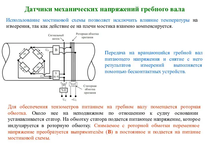 Датчики механических напряжений гребного вала Использование мостиковой схемы позволяет исключить влияние