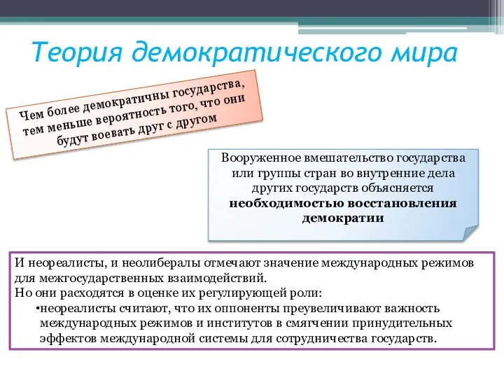 Теория демократического мира Чем более демократичны государства, тем меньше вероятность того,