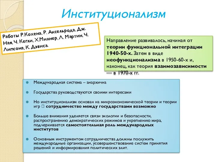 Институционализм Международная система – анархична Государства руководствуются своими интересами Но институционализм