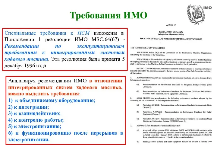 Требования ИМО Специальные требования к ИСМ изложены в Приложении 1 резолюции