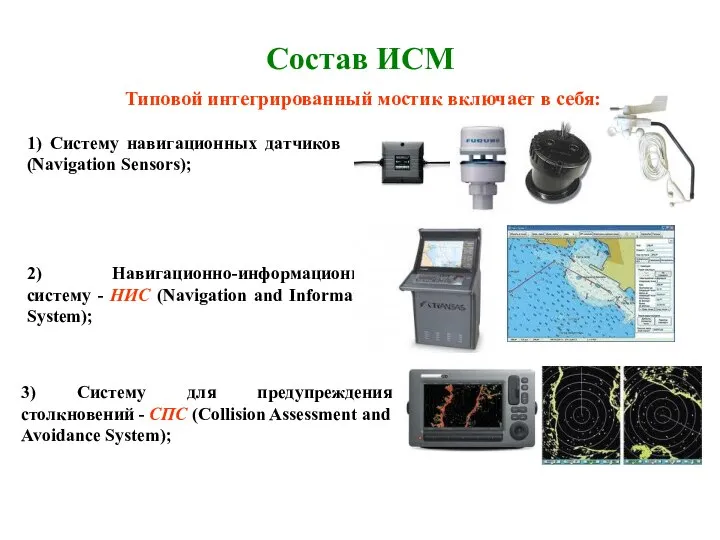 Состав ИСМ Типовой интегрированный мостик включает в себя: 1) Систему навигационных