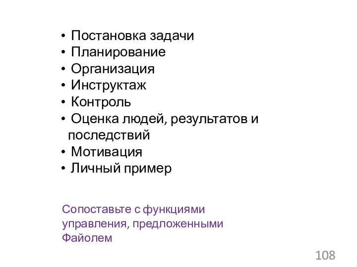 Постановка задачи Планирование Организация Инструктаж Контроль Оценка людей, результатов и последствий