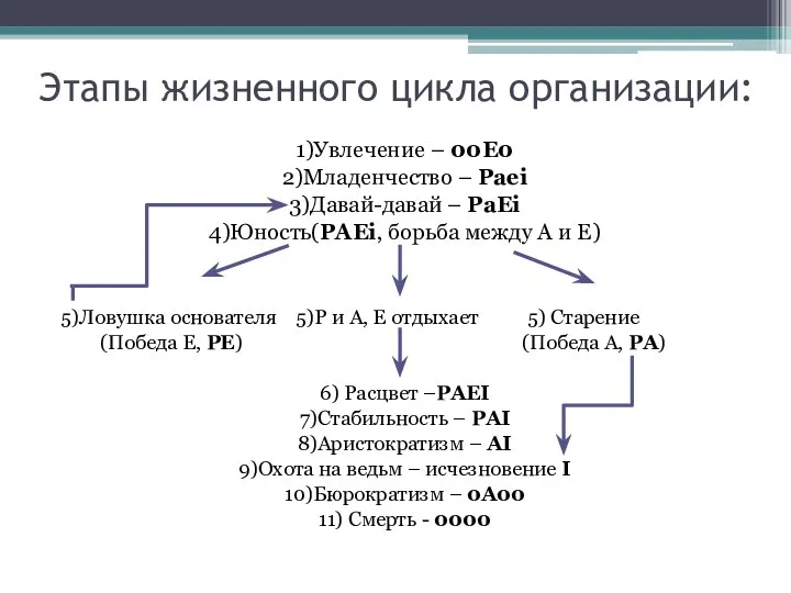 Этапы жизненного цикла организации: 1)Увлечение – 00Е0 2)Младенчество – Раеi 3)Давай-давай