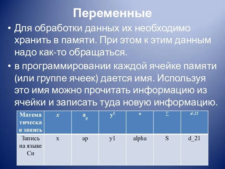 Переменные Для обработки данных их необходимо хранить в памяти. При этом