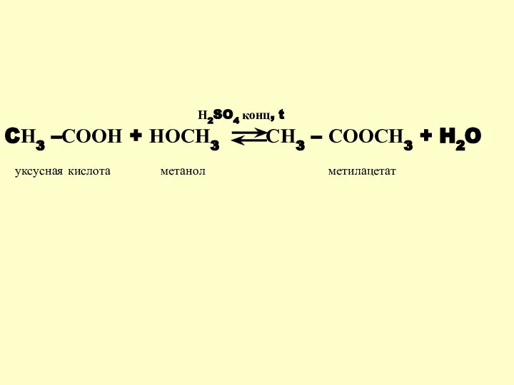 CН3 –СООН + НОСН3 СН3 – СООСН3 + H2O Н2SO4 конц, t уксусная кислота метанол метилацетат