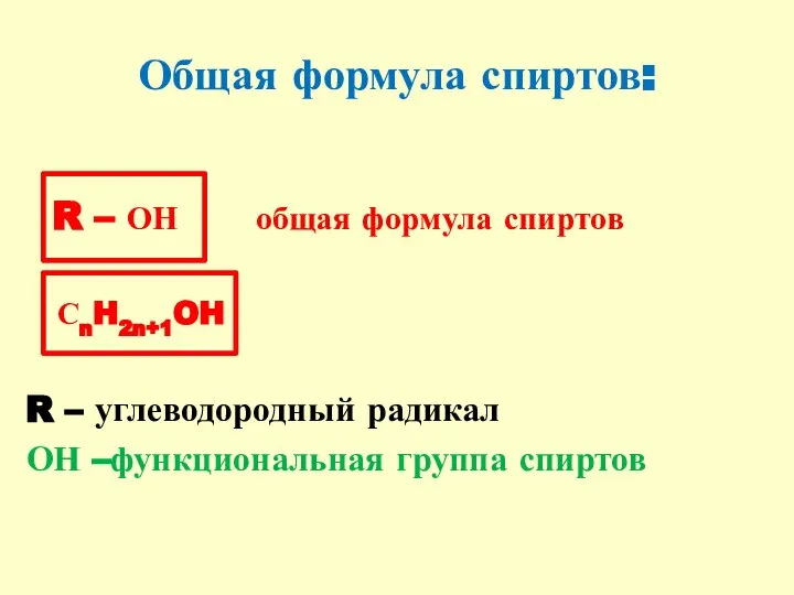 Общая формула спиртов: R – ОН общая формула спиртов СnH2n+1OH R