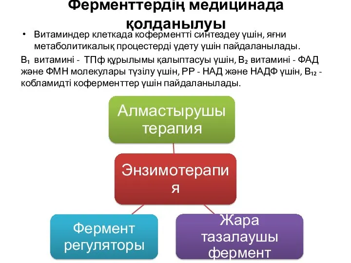 Ферменттердің медицинада қолданылуы Витаминдер клеткада коферментті синтездеу үшін, яғни метаболитикалық процестерді