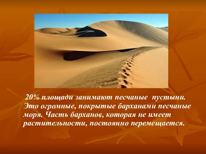 20% площади занимают песчаные пустыни. Это огромные, покрытые барханами песчаные моря.