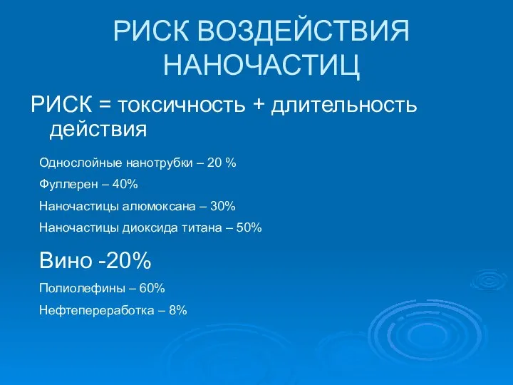 РИСК ВОЗДЕЙСТВИЯ НАНОЧАСТИЦ РИСК = токсичность + длительность действия Однослойные нанотрубки