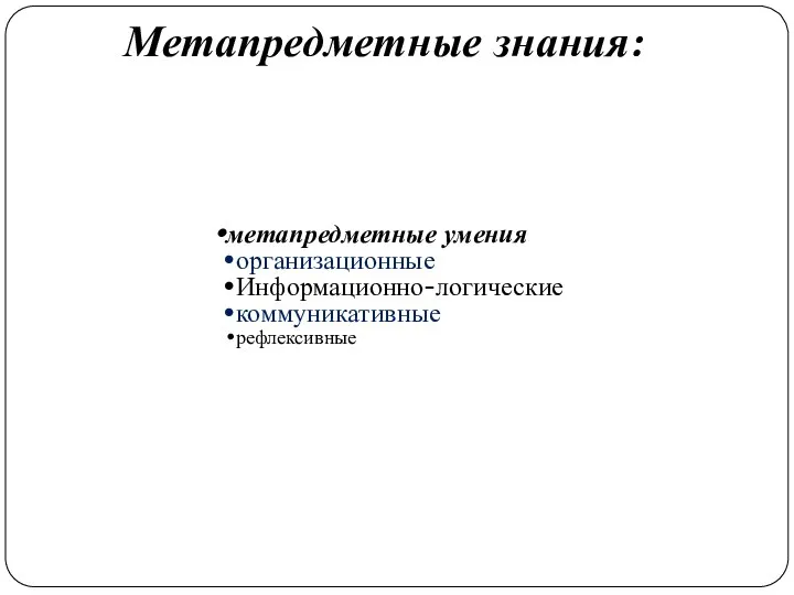 метапредметные умения организационные Информационно-логические коммуникативные рефлексивные Метапредметные знания: