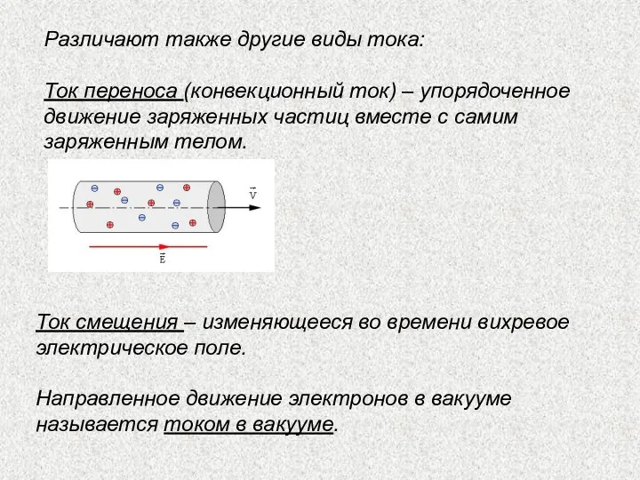Различают также другие виды тока: Ток переноса (конвекционный ток) – упорядоченное