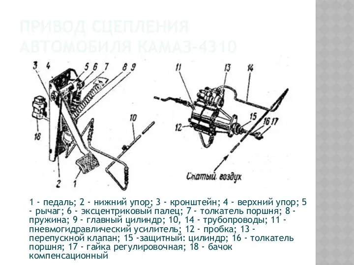 ПРИВОД СЦЕПЛЕНИЯ АВТОМОБИЛЯ КАМАЗ-4310 1 - педаль; 2 - нижний упор;