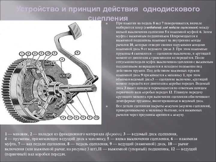 Устройство и принцип действия однодискового сцепления При нажатии на педаль 8